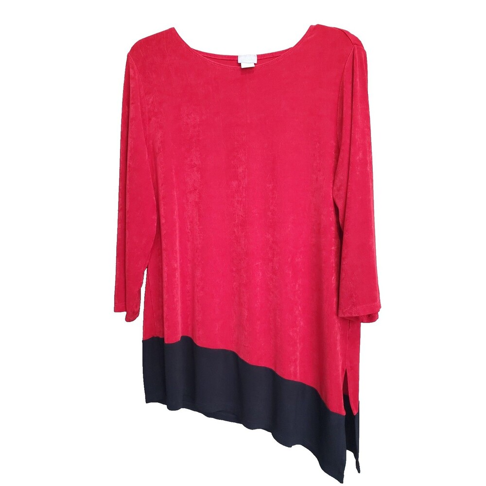 Chico's Travelers Red & Black Slinky Knit Angled Hem 3/4 Sleeve Tunic Size 2 LGE